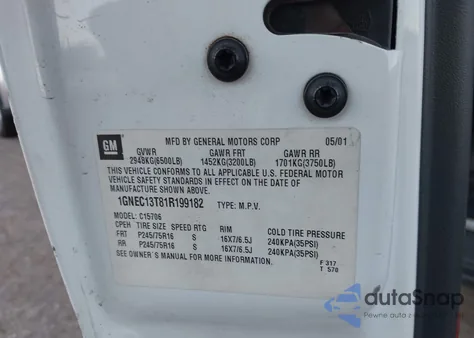 2001 Chevrolet Tahoe Ls из США, поврежденный, VIN 1GNEC13T81R199182